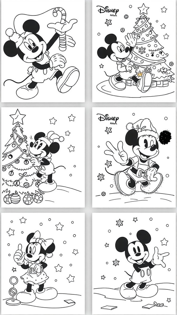 Mickey Mouse Christmas coloring pages with festive designs.